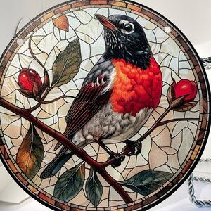 Robin Bird Faux Stained Glass Suncatcher Window Home Cabin Decor Wildlife